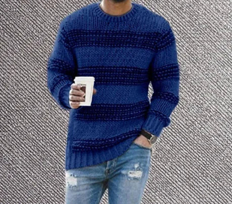 AF- Casual Striped Knitted Sweater Men Round Neck Pullover Sweater - Swamp's Store