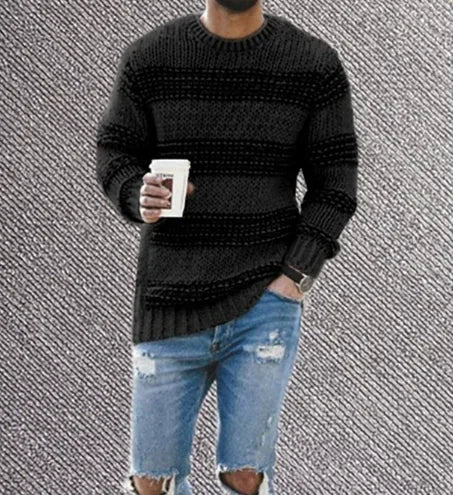 AF- Casual Striped Knitted Sweater Men Round Neck Pullover Sweater - Swamp's Store