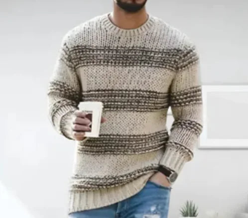 AF- Casual Striped Knitted Sweater Men Round Neck Pullover Sweater - Swamp's Store