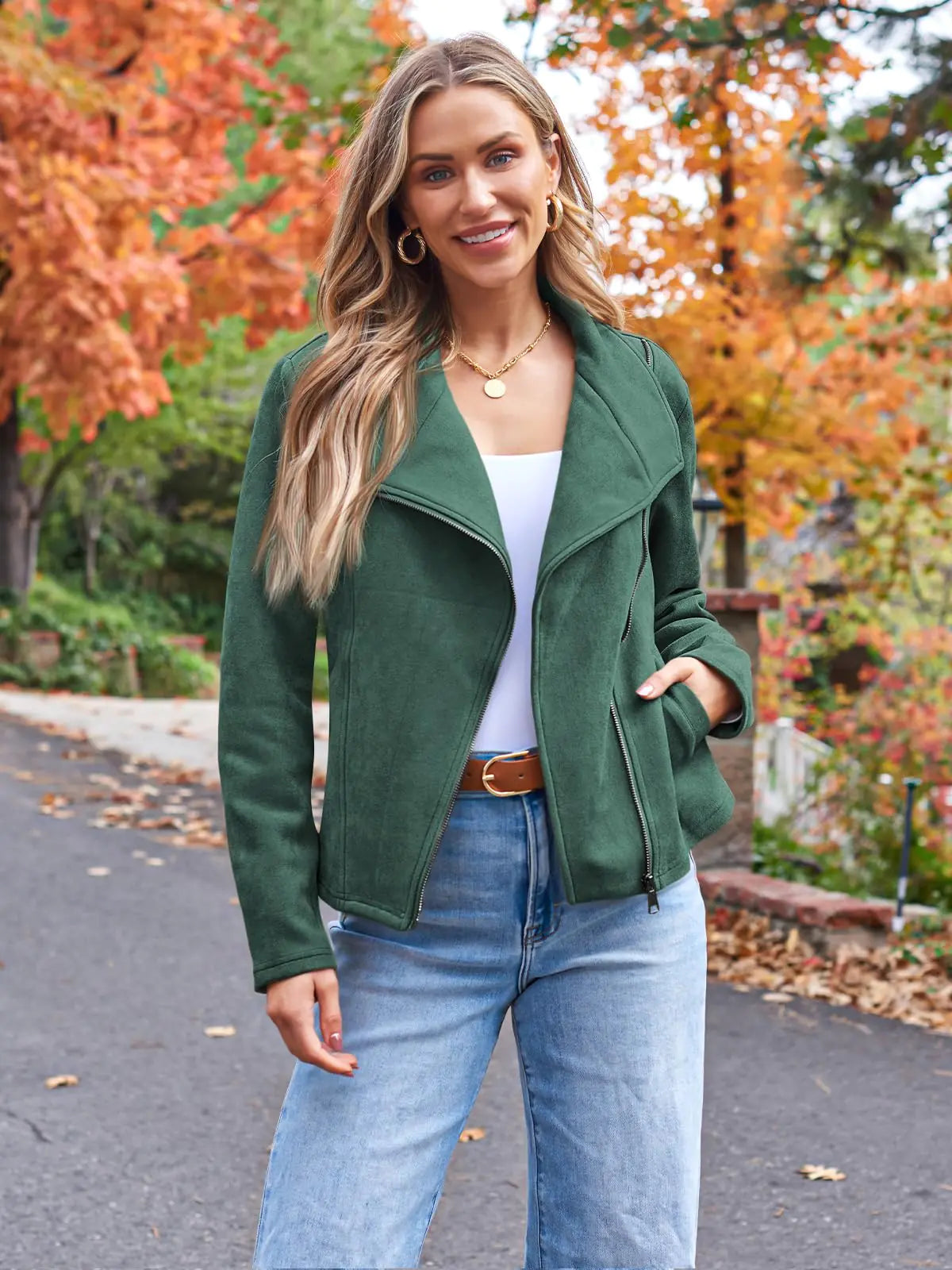 #K- AUTOMET Womens Faux Leather Jackets Suede Fall Fashion 2024 Outfits Winter Clothes Open Front Cropped Coat Outwear Small Green - Swamp's Store