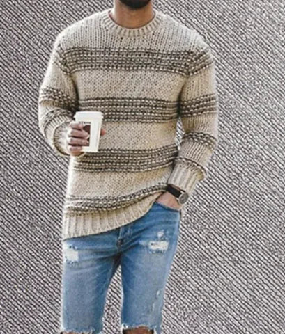 AF- Casual Striped Knitted Sweater Men Round Neck Pullover Sweater - Swamp's Store