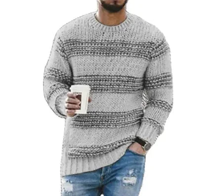 AF- Casual Striped Knitted Sweater Men Round Neck Pullover Sweater - Swamp's Store