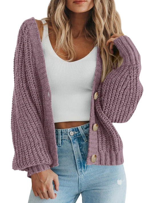 #X- PRETTYGARDEN Women's Chunky Knit Open Front Sweater Long Sleeve Button Loose Short Cardigan Outerwear Coats Medium Orchid Mist - Swamp's Store