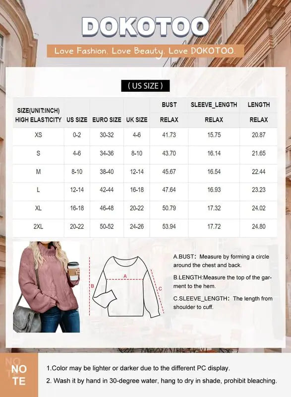 #J - Dokotoo Womens 2024 Winter Fall Solid Turtleneck High Neck Balloon Long Sleeve Sweaters Pullover Outerwear X-Small A Pink - Swamp's Store