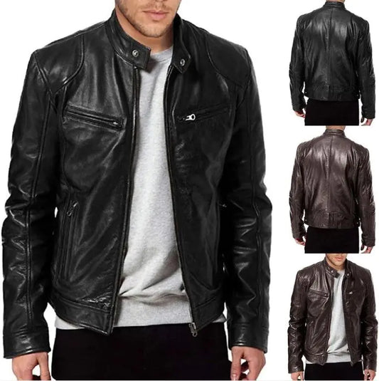 Men's Zip Cardigan PU Leather Jacket With Stand Collar - Swamp's Store