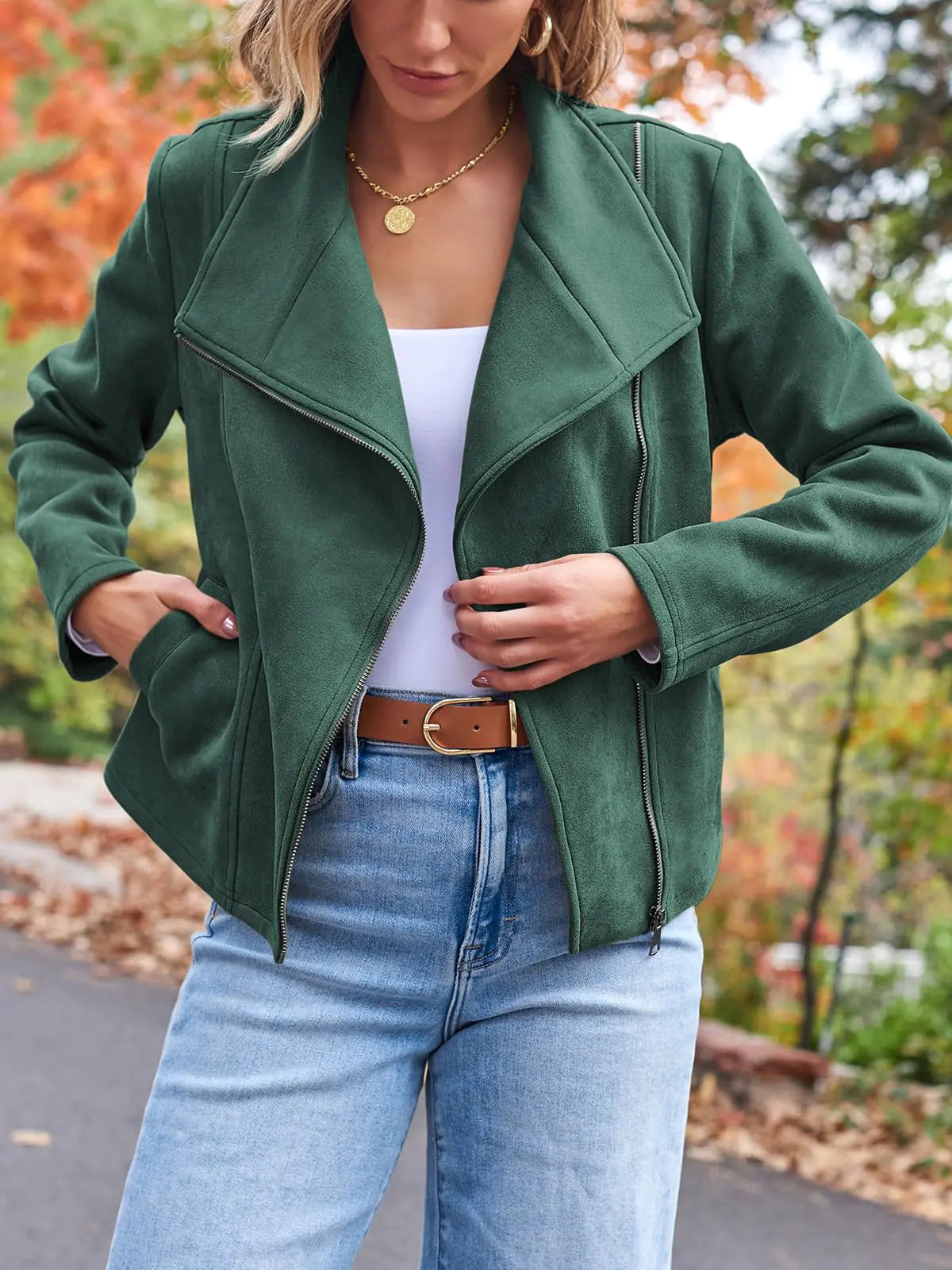 #K- AUTOMET Womens Faux Leather Jackets Suede Fall Fashion 2024 Outfits Winter Clothes Open Front Cropped Coat Outwear Small Green - Swamp's Store