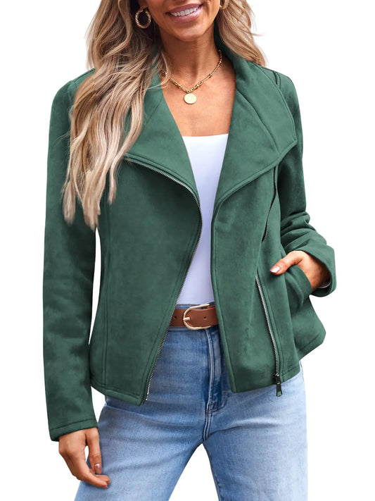 #K- AUTOMET Womens Faux Leather Jackets Suede Fall Fashion 2024 Outfits Winter Clothes Open Front Cropped Coat Outwear Small Green - Swamp's Store